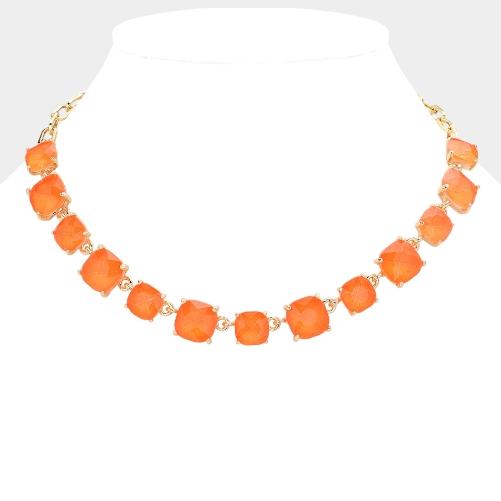 Coral Square Stone Link Crystal Necklace Chain Evening